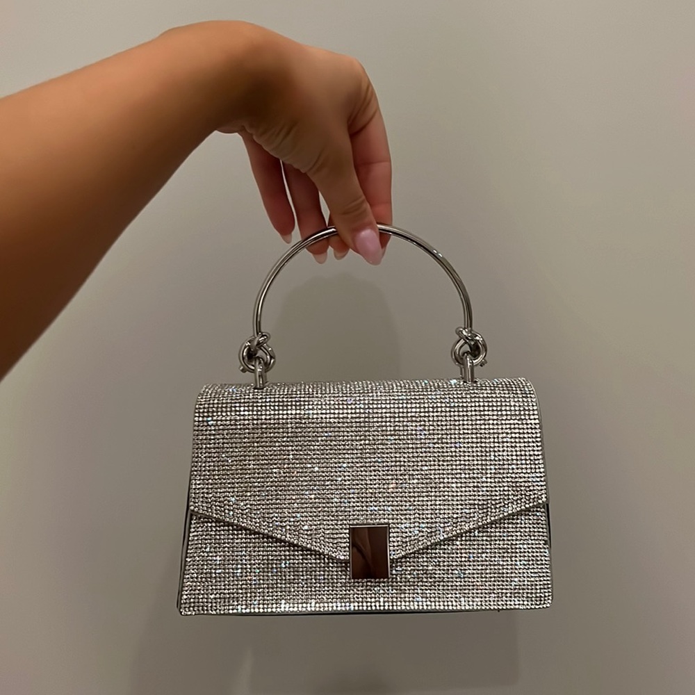 Mini silver rhinestone top handle bag